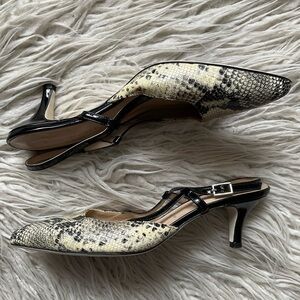 Ron White Black Snake Embossed Leather Slingback Pointed Toe Pumps EUC Size 37.5